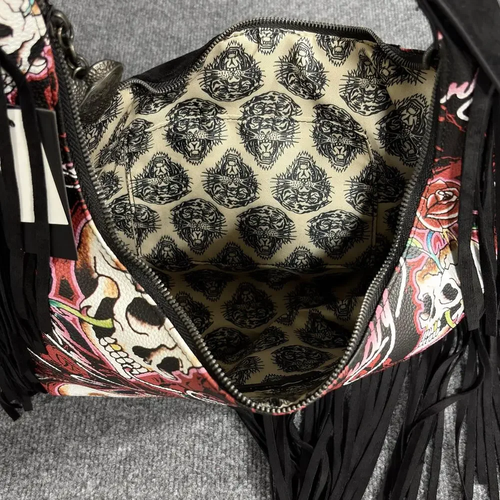 Ed Hardy Hobo Bag Womens Large Red Black Skull Rose Fringe Adjustable Print Y2K